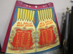 A MID 20TH CENTURY PAINTED WOOD FAIRGROUND ROLL A BALL GAME BOARD, mainly in red, yellow and blue,