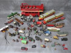 A TIN PLATE LONDON OPEN TOPPED SIGHTSEEING BUS, three Tenshodo vehicles, four plastic model