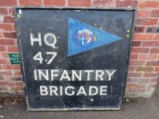 A LARGE VINTAGE DOUBLE SIDED HQ47 INFANTRY BRIGADE WOODEN PAINTED SIGN, approx 124 x 124 cm