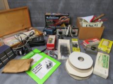 A BOX CONTAINING TRAIN SET TRANSFORMER, modellers tools, Panier tank kit, badger airbrush spray set,