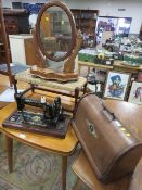 AN ANTIQUE MAHOGANY DRESSING MIRROR, WICKER SEAT STOOL AND CASED SINGER SEWING MACHINE (3)