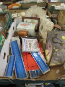 A TRAY OF SUNDRIES TO INCLUDE A MANTLE CLOCK ETC