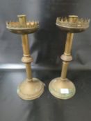AN PAIR OF GILT METAL ECCLESIASTICAL CANDLESTICKS - 'ST MARYS ABBEY'
