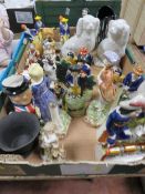 A TRAY OF MODERN REPRODUCTION STAFFORDSHIRE FLATBACK STYLE FIGURES TO INCLUDE CAT SOLDIER PEN STANDS