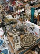 THREE BOXES OF METAL WARE, CERAMICS AND SUNDRIES TO INCLUDE A CHALK STYLE FIGURE OF A DOG