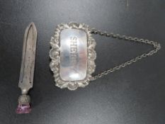 A HALLMARKED SILVER PAGE MARKER AND SILVER WINE LABEL