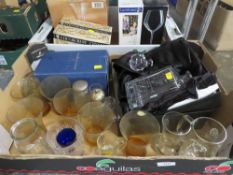 TWO TRAYS OF GLASSWARE TO INCLUDE EDINBURGH CRYSTAL, BOXED EXAMPLES ETC