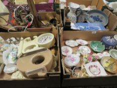 FOUR TRAYS OF CERAMICS AND SUNDRIES TO INCLUDE WEDGWOOD, COALPORT ETC