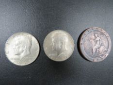 TWO 1967 HALF DOLLARS AND A 1797 CARTWHEEL HALFPENNY
