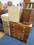 A HONEY PINE CHEST, THREE MODERN CHESTS AND A CABINET (5)