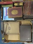 TWO TRAYS OF ANTIQUE BOOKS ETC TO THE INCLUDE THE WORLDS GREATEST PAINTINGS