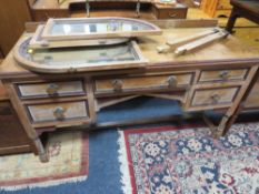 AN OAK GOTHIC STYLE DRESSING TABLE - MIRRORS PRESENT BUT DETACHED, TOGETHER WITH A SEWING BOX (2)