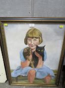 A 20TH CENTURY OIL ON CANVAS STUDY OF A SEATED YOUNG GIRL WITH TWO CATS