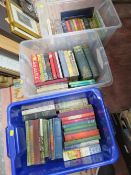 THREE BOXES OF VINTAGE HARDBACK BOOKS INCLUDING CRIME, NOVELS, NON FICTION, MILITARY ETC