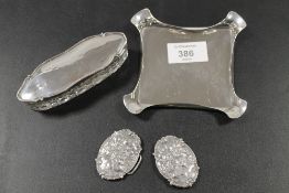 A HALLMARKED SILVER ASHTRAY TOGETHER WITH A HALLMARKED SILVER TOPPED TRINKET AND A WHITE METAL
