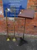 TWO ECCLESIASTICAL BRASS CANDLE STANDS TOGETHER WITH A LECTURN - 'ST MARYS ABBEY'