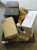 A TRAY OF SUNDRIES TO INCLUDE VINTAGE TELEPHONE, SPEAKERS ETC