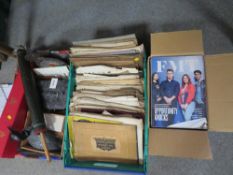 A TRAY OF SUNDRIES TO INCLUDE MANTEL CLOCK ETC TOGETHER WITH A TRAY OF SHEET MUSIC