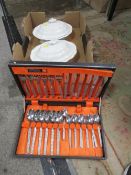 A CANTEEN OF WEBBER & HILL CONTINENTAL STAINLESS STEEL CUTLERY TOGETHER WITH TWO TUREENS