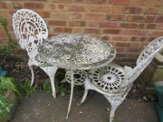 A CAST ALUMINIUM GARDEN PATIO SET WITH TWO CHAIRS