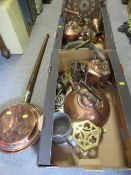 TWO TRAYS OF COPPER AND BRASS ETC, METALWARE TO INCLUDE A COPPER WARMING PAN