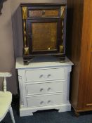 A WHITE PAINTED THREE DRAWER CHEST TOGETHER WITH A FAUX LEATHER STYLE CABINET (2)