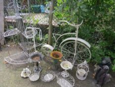 A SELECTION OF WROUGHT IRON AND CAST GARDEN GARDEN ORNAMENTS TO INCLUDE A BIKE PLANTER