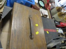 A CHEMIST STYLE BOX AND CONTENTS TOGETHER WITH A TIN BOX