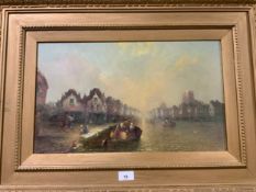 CLIFFORD M? - AN OIL ON CANVAS DATED 1911 OF A CONTINENTAL TOWN RIVER SCENE WITH BOATS AND FIGURES