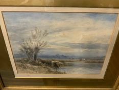 A JOHN KEELEY WATERCOLOUR RIVER LANDSCAPE WITH COWS