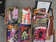 TWO TRAYS OF MAGAZINES TO INCLUDE SCIENCE FICTION AND DEADLINE COMICS ETC