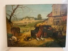 AN OIL ON CANVAS DEPICTING A DISCARDED CARRIAGE IN FRONT OF A FARMHOUSE WITH VARIOUS FARM