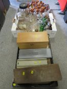 TWO TRAYS OF ASSORTED CHEMIST BOTTLES ETC TOGETHER WITH A TRAY OF EQUIPMENT, BLOOD PRESSURE MACHINES