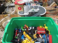A WOODEN EARLY LEARNING TWO TIER CAR PARK AND APPROX 80 DIECAST BUSES, CARS & TRUCKS