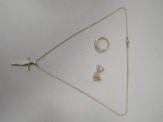 A YELLOW METAL CROSS ON CHAIN - CROSS STAMPED K14 CHAIN STAMPED 585 approx combined weight 7.9g