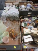 FOUR TRAYS OF CERAMICS AND GLASS ETC TO INCLUDE CARRIAGE CLOCKS