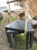 A SELECTION OF THREE PLASTIC GARDEN TABLES AND A SINGLE ALUMINIUM CHAIR