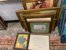 A COLLECTION OF ASSORTED PICTURES AND PRINTS ETC TO INCLUDE FRAMED TEXTILESA AND AN ELIZABETH THE