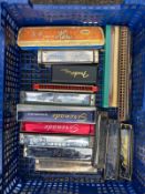 Tray containing 15 vintage Harmonicas to include Fender, Bandmaster, Serenade and Thomas