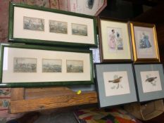 A SMALL BOX OF ASSORTED PICTURES / PRINTS TO INCLUDE TWO X 3IN 1 FRAME HUNTING PICTURES