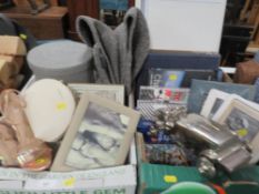 TWO TRAYS OF ASSORTED SUNDRIES TO INCLUDE CHROME EFFECT MODEL CAR, PICTURE FRAMES, BOOKS ETC