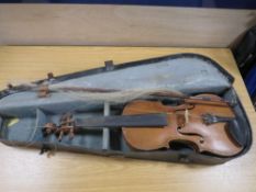 A CASED VIOLIN AND BOW A/F