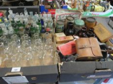 TWO TRAYS OF ASSORTED CHEMISTS BOTTLES ETC TO INCLUDE VINTAGE CANISTERS ETC