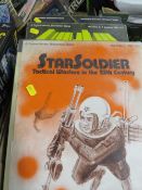 FOUR TRAYS OF ASSORTED VINTAGE BOARD GAMES ETC TO INLCUDE JUDGE DREDD, BUCK ROGERS, STARSOLDIER ETC