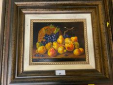 THREE FRAMED STILL LIFE OILS ON CANVAS OF FRUIT / FLOWERS ON A TABLE SIGNED LOWER RIGHT LACOSTA??