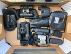 Six pairs of mini Binoculars to include digital optics laser red titanium 10 x 25 field, Tasco 8 x 3