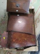 A TRAY OF TREEN TO INCLUDE AN ANTIQUE MARQUETRY CANDLE BOX