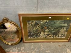 FOUR FRAMED PRINTS TO INCLUDE SIGNED EXAMPLES TOGETHER WITH A GILT FRAMED MIRROR (5)