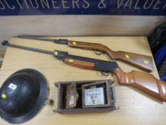 A SPANISH EL GAMO AIR RIFLE TOGETHER WITH A DIANA MOD 22 .177 A/F AND A TIN ARMY HAT ETC