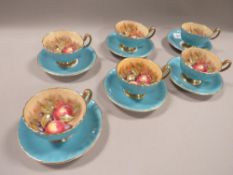 SIX AYNSLEY 'ORCHARD GOLD' CABINET CUPS AND SAUCERS - LIGHT BLUE - SIGNED